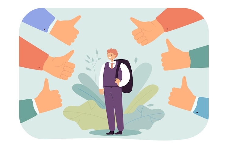 Vettore gratuito allievo con lo zaino circondato dai pollici in su. ragazzo in tuta ufficiale rispettato dall'illustrazione vettoriale piatta della società. istruzione, concetto di opinione pubblica per banner, progettazione di siti web o pagine web di destinazione