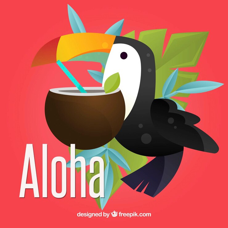 Vettore gratuito aloha sfondo con toucan e cocco