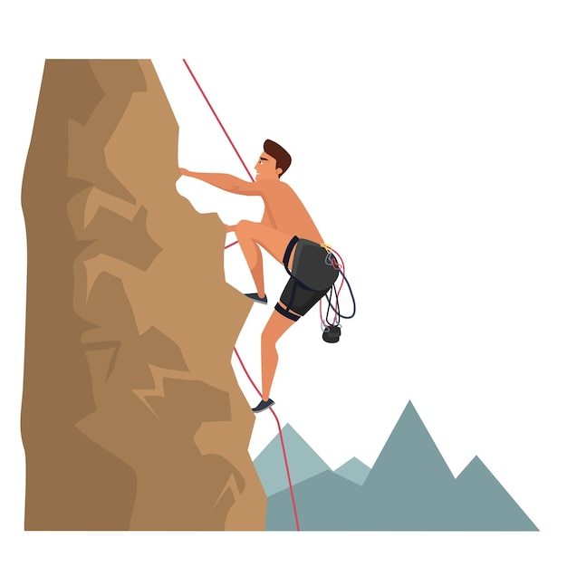 Alpinista di illustrazione di sport di arrampicata su roccia con corda sicura Avventura di attività all'aperto in montagna