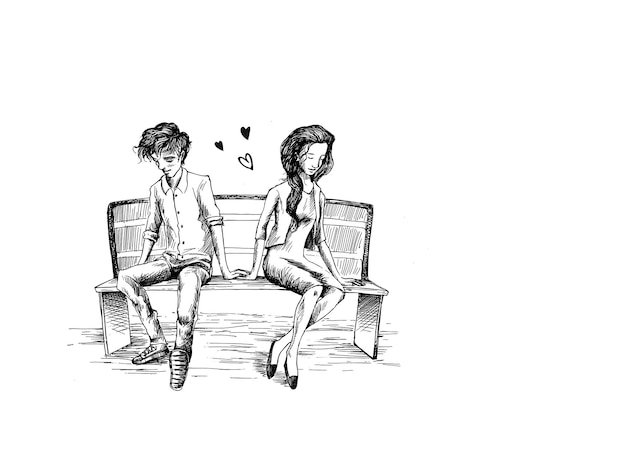 Amanti romantici per San Valentino, sfondo vettoriale di schizzo disegnato a mano del fumetto.