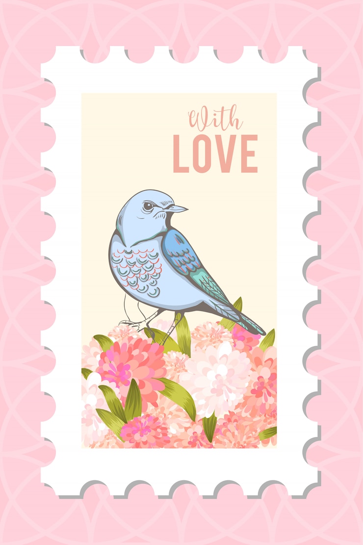 Vettore gratuito amore timbro postale con uccello.