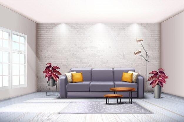 Ampio spazio interno con lampade da terra per divani e toni decorativi violacei con foglie colorate e piante realistiche