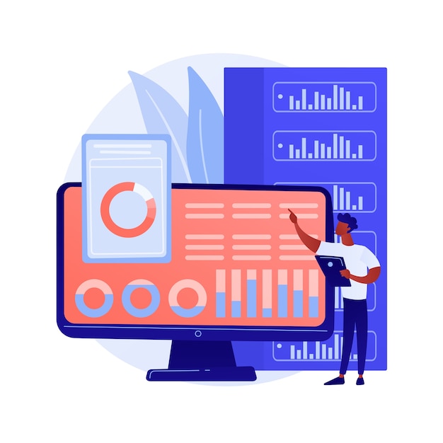 Analisi del dashboard. Valutazione delle prestazioni del computer. Grafico sullo schermo, analisi statistica, valutazione infografica. Rapporto aziendale in mostra. Illustrazione della metafora del concetto isolato di vettore.