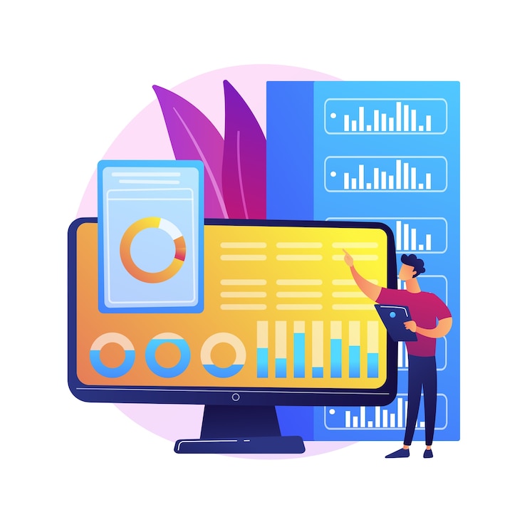 Vettore gratuito analisi del dashboard. valutazione delle prestazioni del computer. grafico sullo schermo, analisi statistica, valutazione infografica. rapporto aziendale in mostra. illustrazione della metafora del concetto isolato.