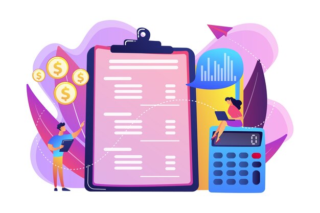 Analisti finanziari che fanno conto economico con calcolatrice e laptop. Conto economico, bilancio aziendale, concetto di bilancio.