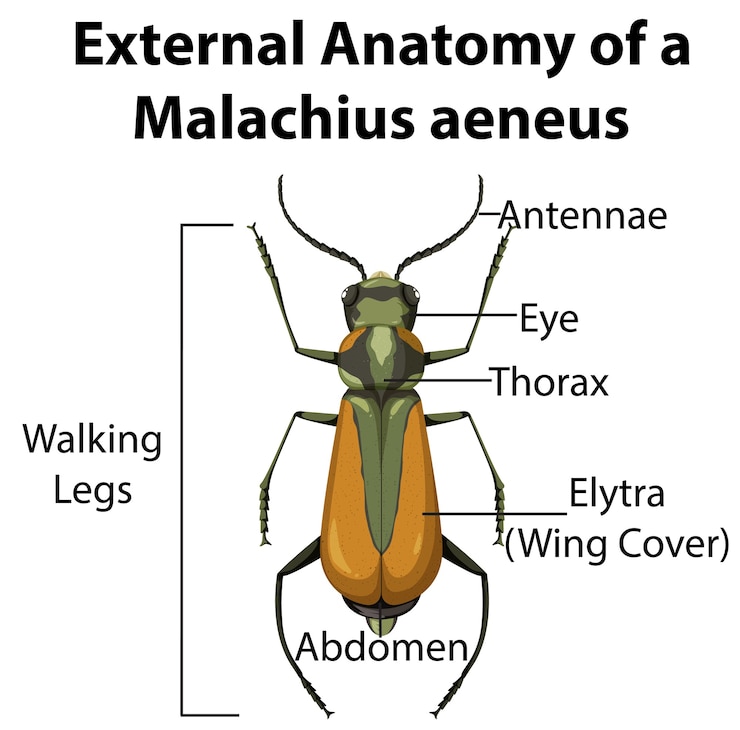 Vettore gratuito anatomia esterna di un malachius aeneus su sfondo bianco