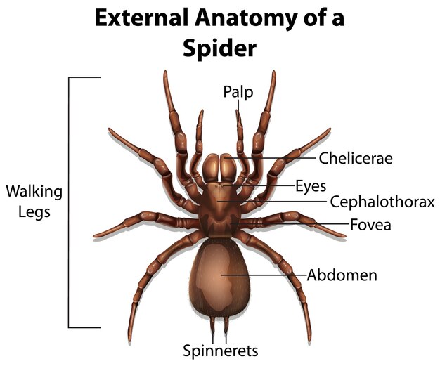 Anatomia esterna di un ragno su sfondo bianco