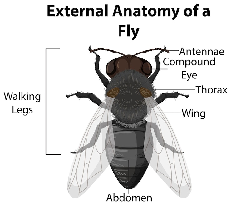 Vettore gratuito anatomia esterna di una mosca su priorità bassa bianca