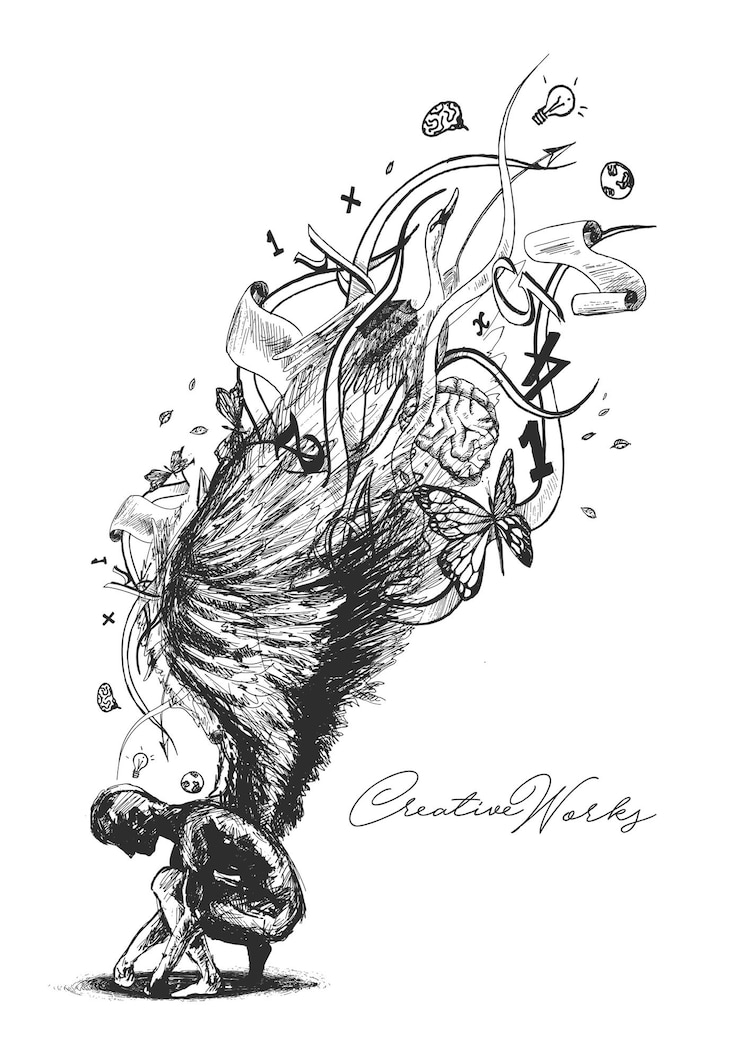 Angelo creativo con tshirt design ad ali lunghe Illustrazione vettoriale di schizzo disegnato a mano