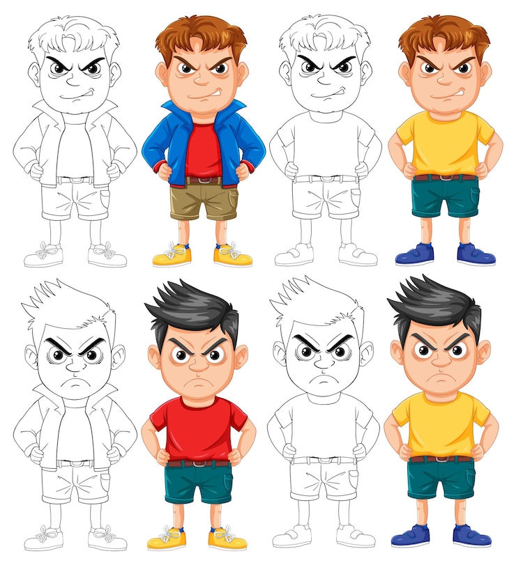 Vettore gratuito angry gangster boy personaggio di cartoni animati con contorno