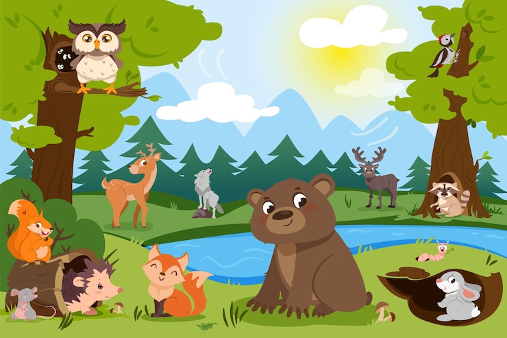 Vettore gratuito animali della foresta del fumetto nella natura selvaggia