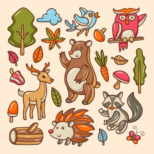Animali della foresta di autunno disegnati a mano