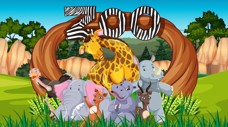 Vettore gratuito animali dello zoo sullo sfondo della natura selvaggia