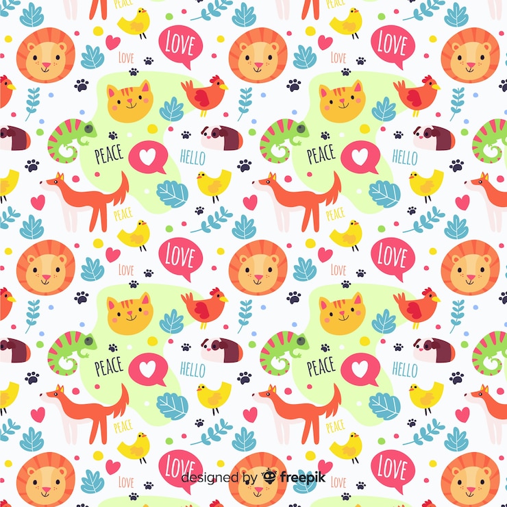 Vettore gratuito animali divertenti doodle e pattern di parole
