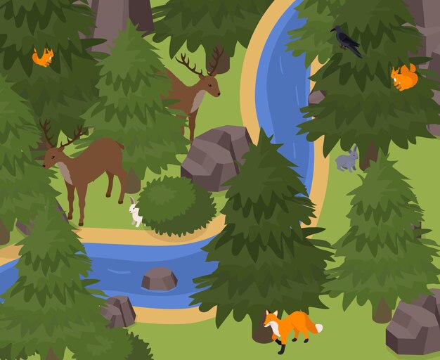 Animali esotici nell'illustrazione isometrica dell'ambiente naturale degli animali selvatici con lepre del coniglio della volpe dello scoiattolo della renna