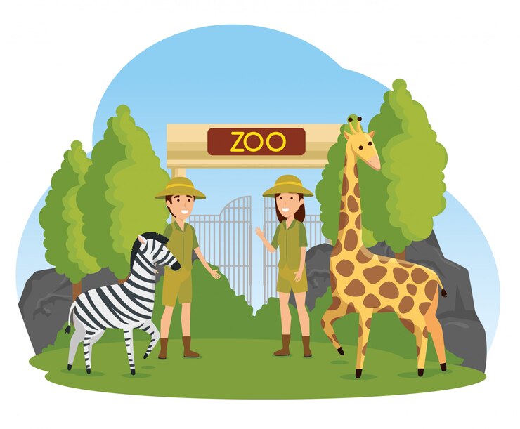 Vettore gratuito animali selvatici della zebra e della giraffa con la gente di safari
