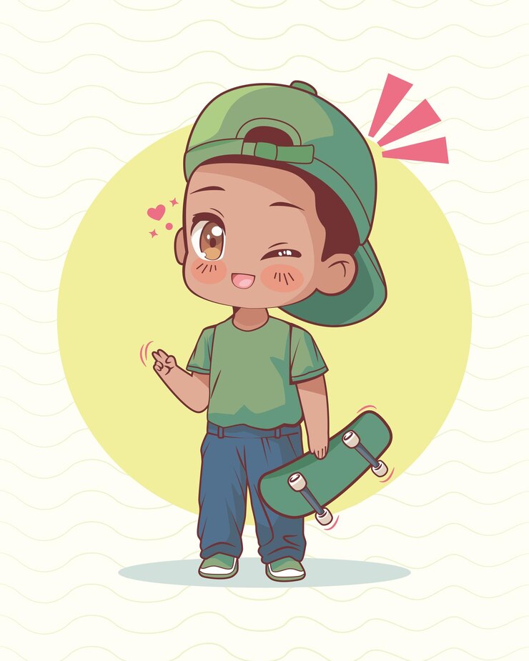 Vettore gratuito anime ragazzino con skateboard