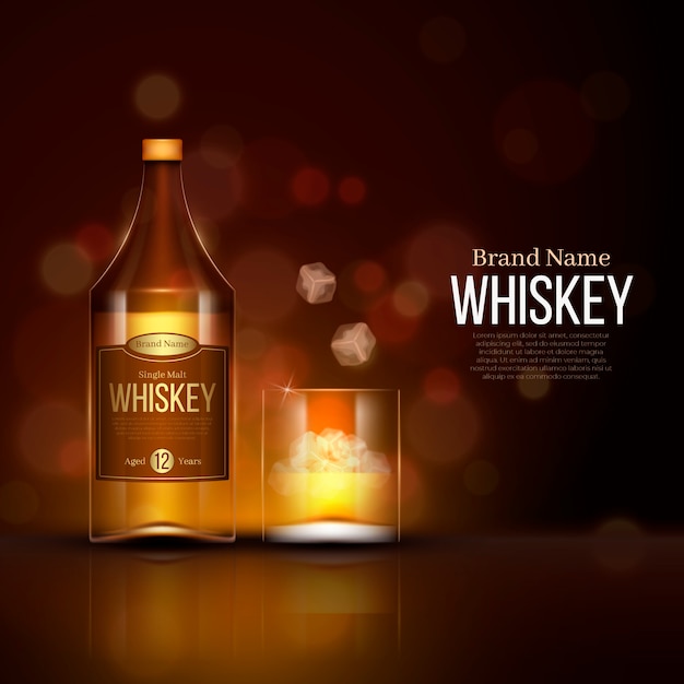 Annuncio di bottiglia e bicchiere di whisky con effetto bokeh