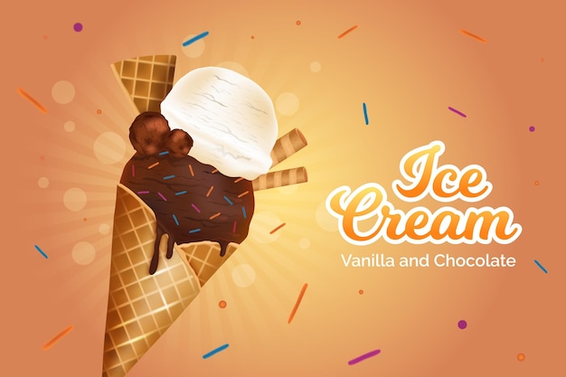 Annuncio realistico di gelato alla vaniglia e al cioccolato