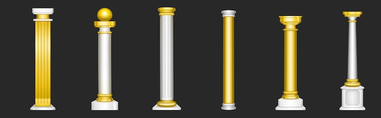 Vettore gratuito antiche colonne romane, decorazioni architettoniche in marmo bianco e oro.