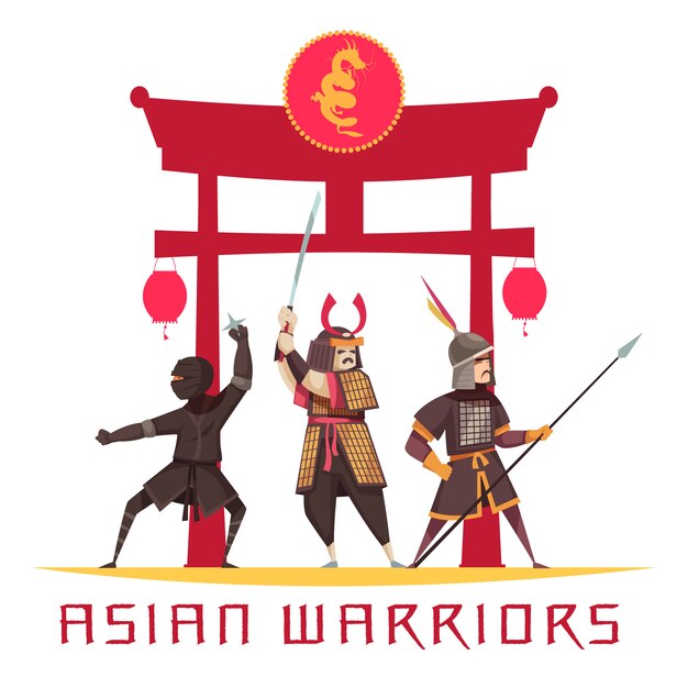 Antichi guerrieri asiatici con armi e divisa piatta