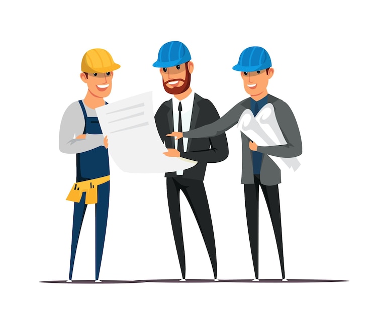 Vettore gratuito appaltatori caposquadra e architetti che mostrano i piani di costruzione dell'ingegnere del sito e l'ispettore del disegnatore che tiene il clipart del progetto