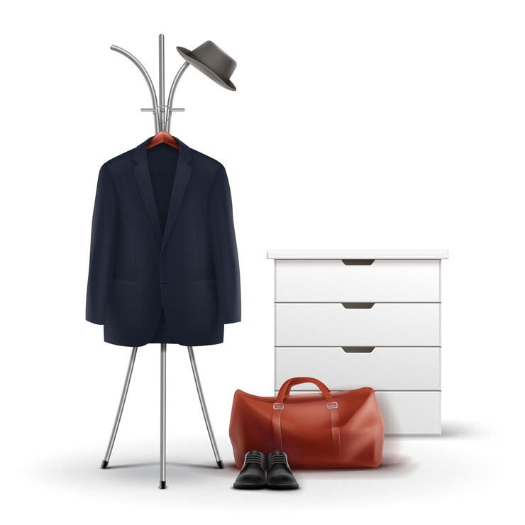 Vettore gratuito appendiabiti in metallo vettoriale e armadio bianco con cappello, cappotto, scarpe e borsa vista frontale isolato su priorità bassa bianca