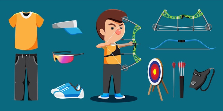 Vettore gratuito archer atletica giocatore cartone animato e set di attrezzature come occhiali fondina arco bersaglio tiro con l'arco