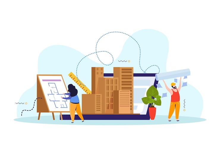 Vettore gratuito architetto donna composizione architetto colorato piatto davanti al suo layout e accanto ai suoi attributi per creare il progetto e presentarlo all'illustrazione vettoriale del cliente