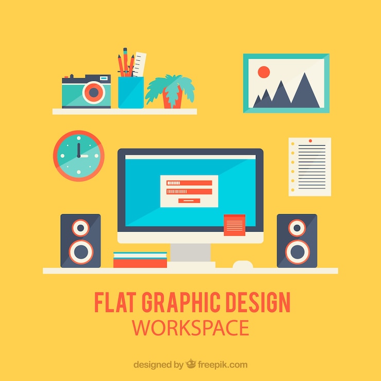 Vettore gratuito area di lavoro di progettazione grafica in stile piano