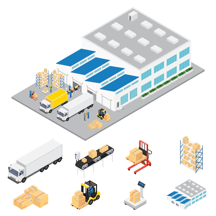 Vettore gratuito area industriale del magazzino isometrica