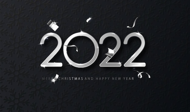 Argento 2022 Felice Anno Nuovo con coriandoli che cadono su sfondo scuro. Modello di festa per carta di design, banner