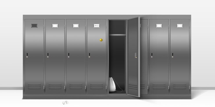 Vettore gratuito armadietti in acciaio, armadi metallici per spogliatoi di scuola o palestra.