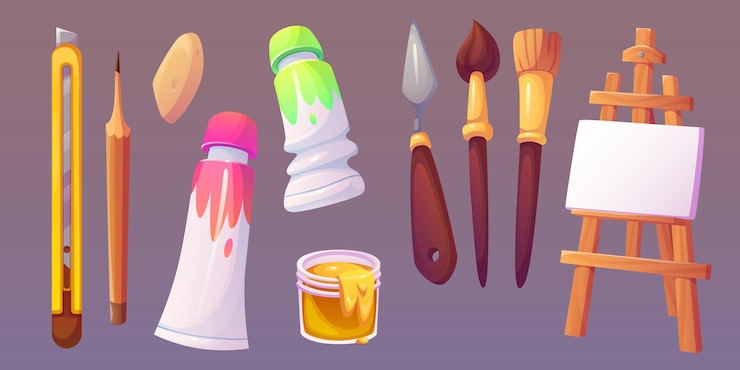 Vettore gratuito art paint tool cartoon easel e pennello per l'artista