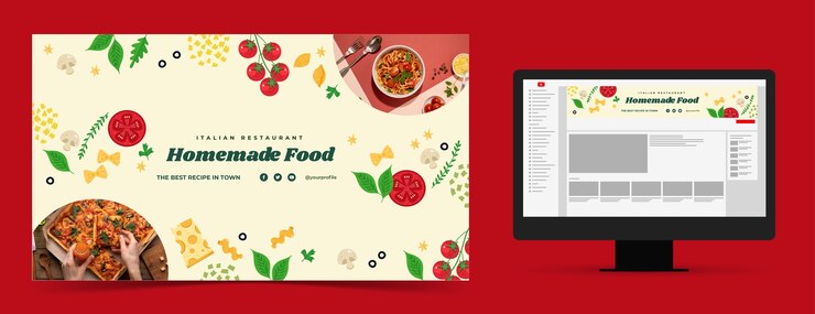 Vettore gratuito arte del canale youtube del ristorante italiano di design piatto