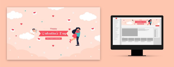Vettore gratuito arte del canale youtube piatta per la celebrazione di san valentino