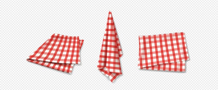 Vettore gratuito asciugamano da cucina 3d panno vista dall'alto vettore isolato tovaglia rossa tovagliolo per picnic con trama plaid a quadretti su sfondo trasparente set di cotone di lino a scacchi realistico per ristorante vintage
