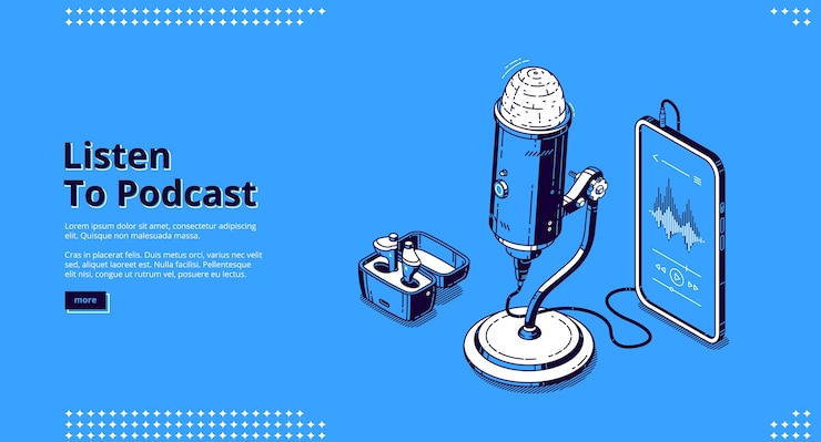 Vettore gratuito ascolta il banner del podcast. registra trasmissioni radiofoniche, interviste audio, discorsi dal vivo. pagina di destinazione di vettore dell'attività di podcasting con apparecchiature multimediali isometriche, microfono, smartphone e altoparlanti