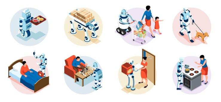 Vettore gratuito assistente robot industriale e domestico che aiuta le persone a fare le faccende insieme isometrico isolato illustrazione vettoriale 3d