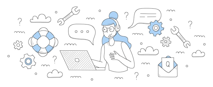 Vettore gratuito assistenza clienti e sfondo del servizio di supporto illustrazione vettoriale di doodle di call center e hotline con operatore ragazza in cuffia portatile messaggio con domanda salvagente e ingranaggi