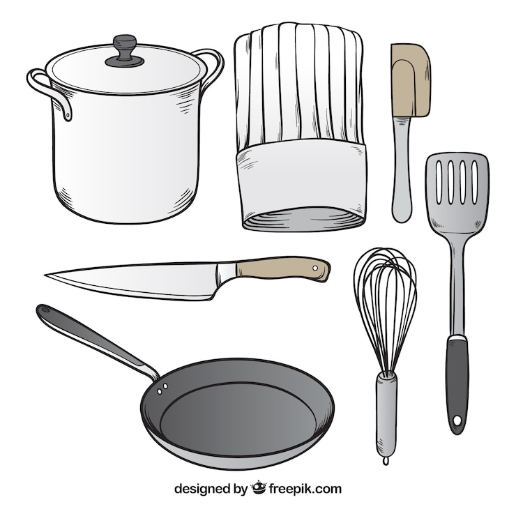 Vettore gratuito assortimento di utensili da cuoco disegnati a mano