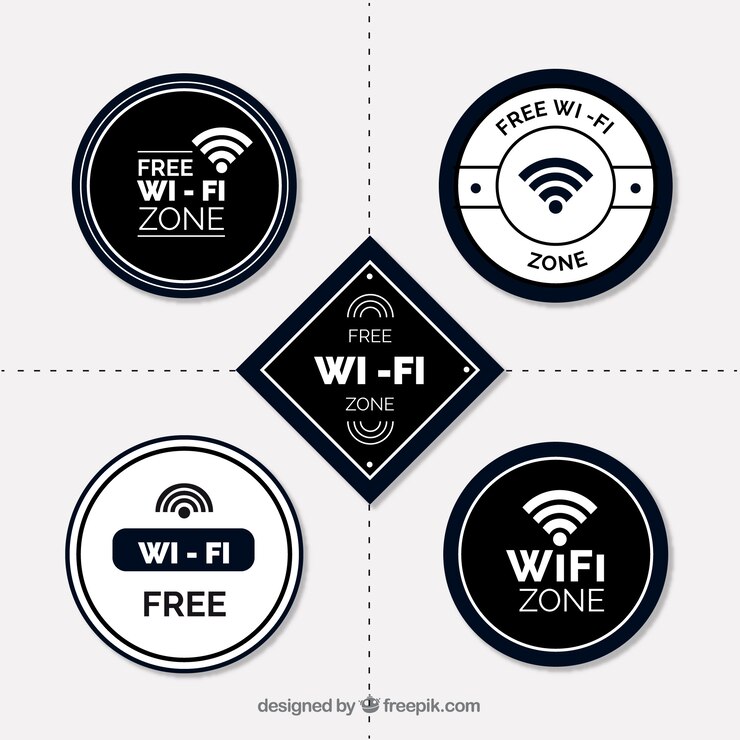 Vettore gratuito assortimento piatto di adesivi wifi bianco e nero