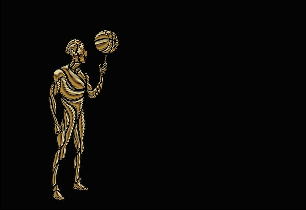 Atleta d'oro che bilancia una palla da basket, illustrazione vettoriale di particelle