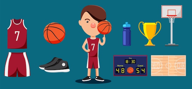Atleti e attrezzature sportive di basket con oggetti come divise da pallone da calcio, scarpe da tennis, trofei, bottiglie d'acqua