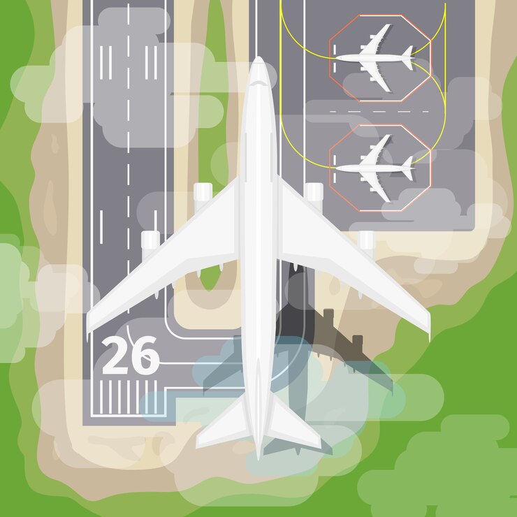 Vettore gratuito atterraggio aereo. trasporto per l'aeroporto, aviazione in cielo, illustrazione vettoriale
