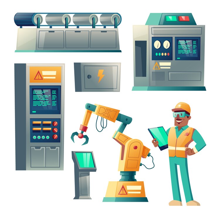 Vettore gratuito attrezzatura industriale, insieme del fumetto delle macchine isolato su fondo bianco.