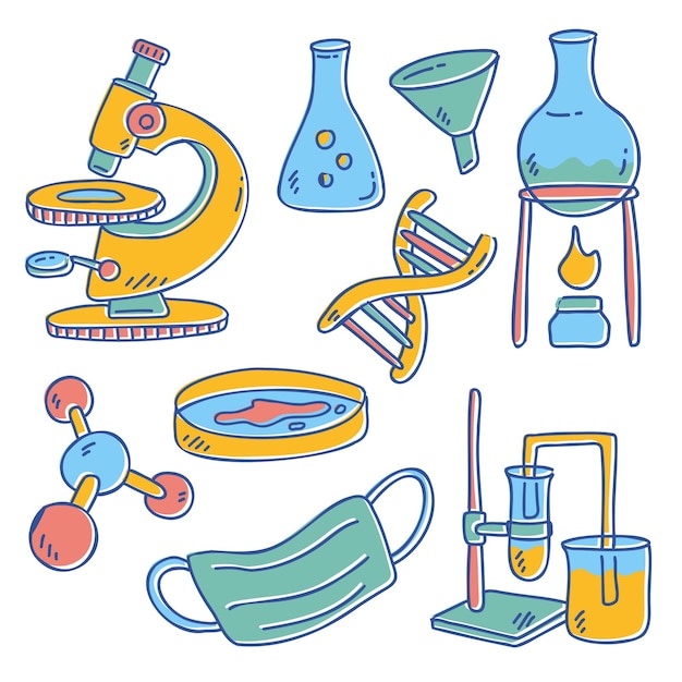 Attrezzature da laboratorio con becher per matracci di tubi di vetro e altre apparecchiature di misurazione per laboratori chimici e medici in stile cartone animato per designer grafico Illustrazione vettoriale