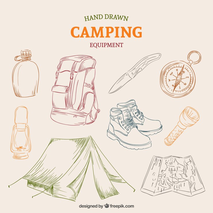 Vettore gratuito attrezzature disegnata a mano di campeggio