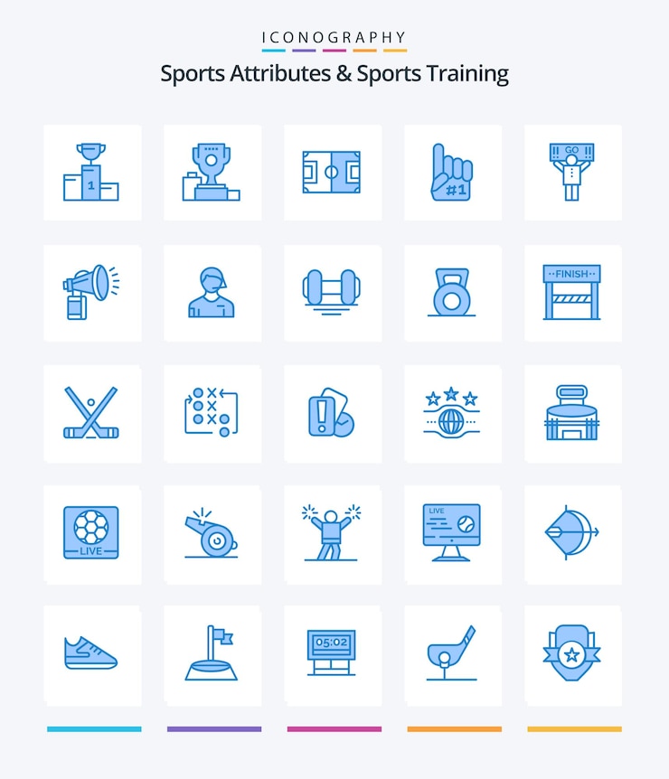 Vettore gratuito attributi sportivi creativi e allenamento sportivo 25 pacchetto icone blu come la schiuma del ventilatore del campo sportivo del tifoso
