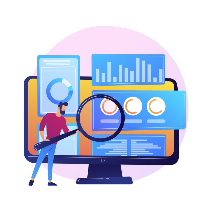 Vettore gratuito audit aziendale. personaggio dei cartoni animati di specialista finanziario con lente d'ingrandimento. esame delle informazioni grafiche statistiche. statistiche, diagramma, grafico